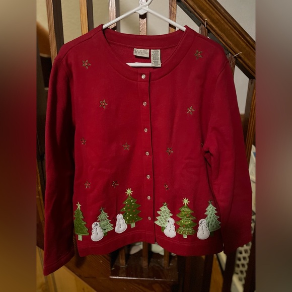 Classic Elements Cardigan with Holiday Embroidery Snap Large Petite Festive Fun - Picture 1 of 10